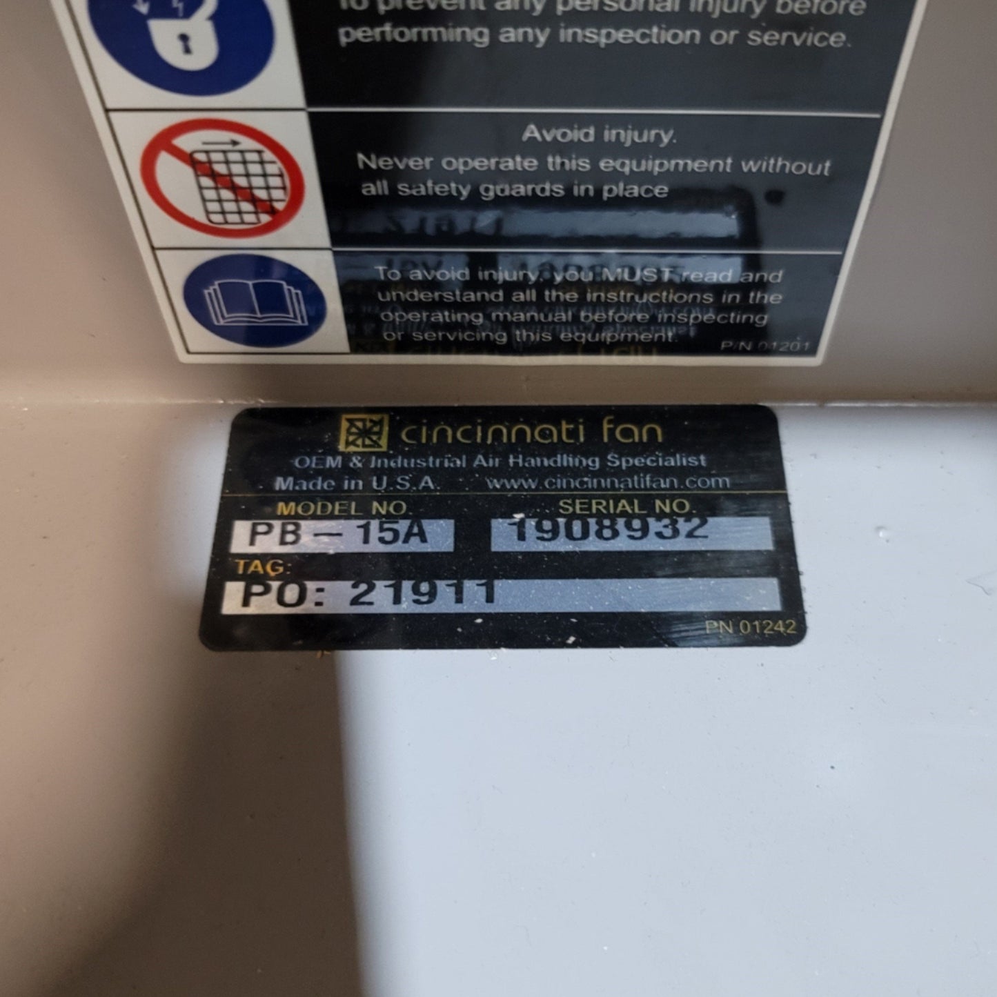 Used Cincinnati Fan PB-15A Centrifugal Blower 3600CFM, 7.5Hp, 230/460VAC 3-Ph 18/9A