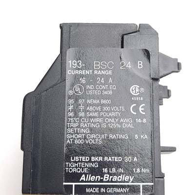 Used Allen Bradley 193-BSC 24 B Overload Relay, 16-24A Range, 50A Max, 660V