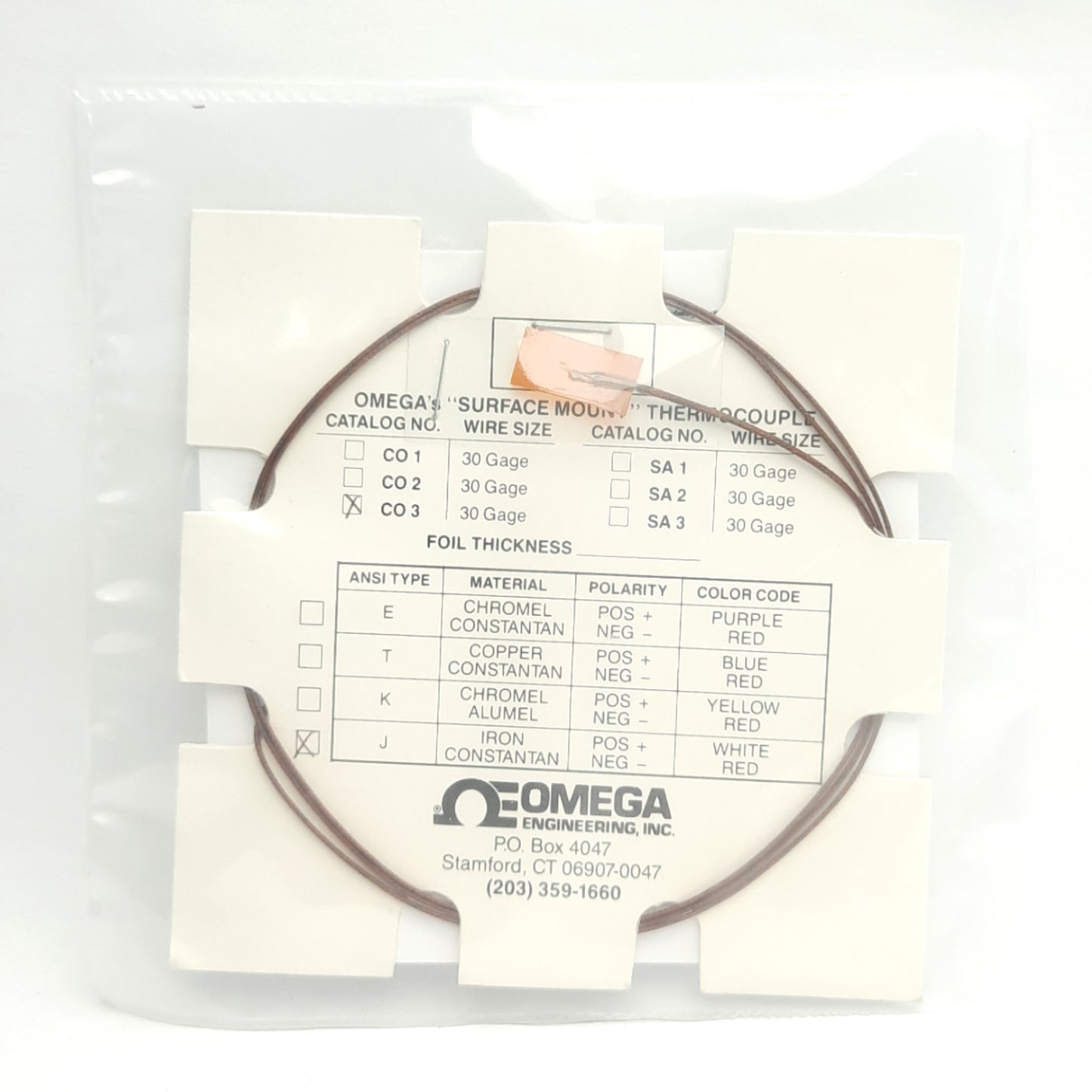 New – Open box Omega Engineering CO3-J Surface Mount Thermocouple, Type J, 1m Lead