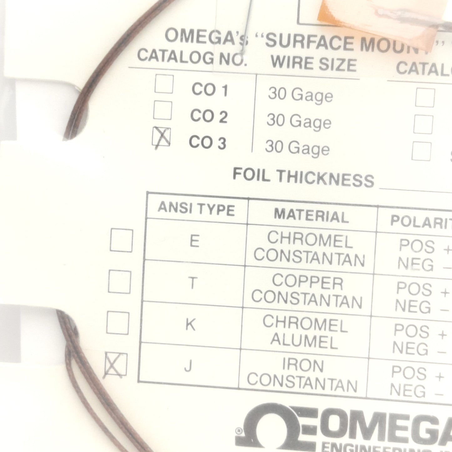 New – Open box Omega Engineering CO3-J Surface Mount Thermocouple, Type J, 1m Lead