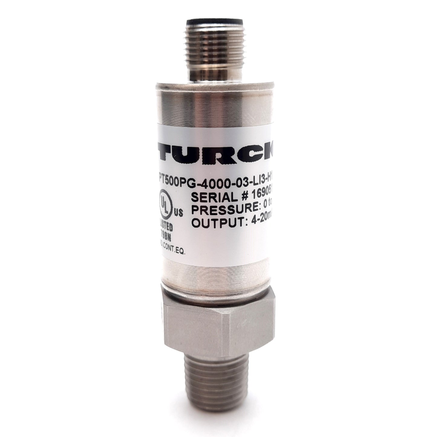 New Turck PT500PG-4000-03-LI3-H1141/D811 Pressure Sensor, 0-500PSI, 4-20mA Out, M12