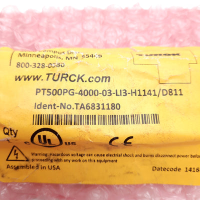New Turck PT500PG-4000-03-LI3-H1141/D811 Pressure Sensor, 0-500PSI, 4-20mA Out, M12
