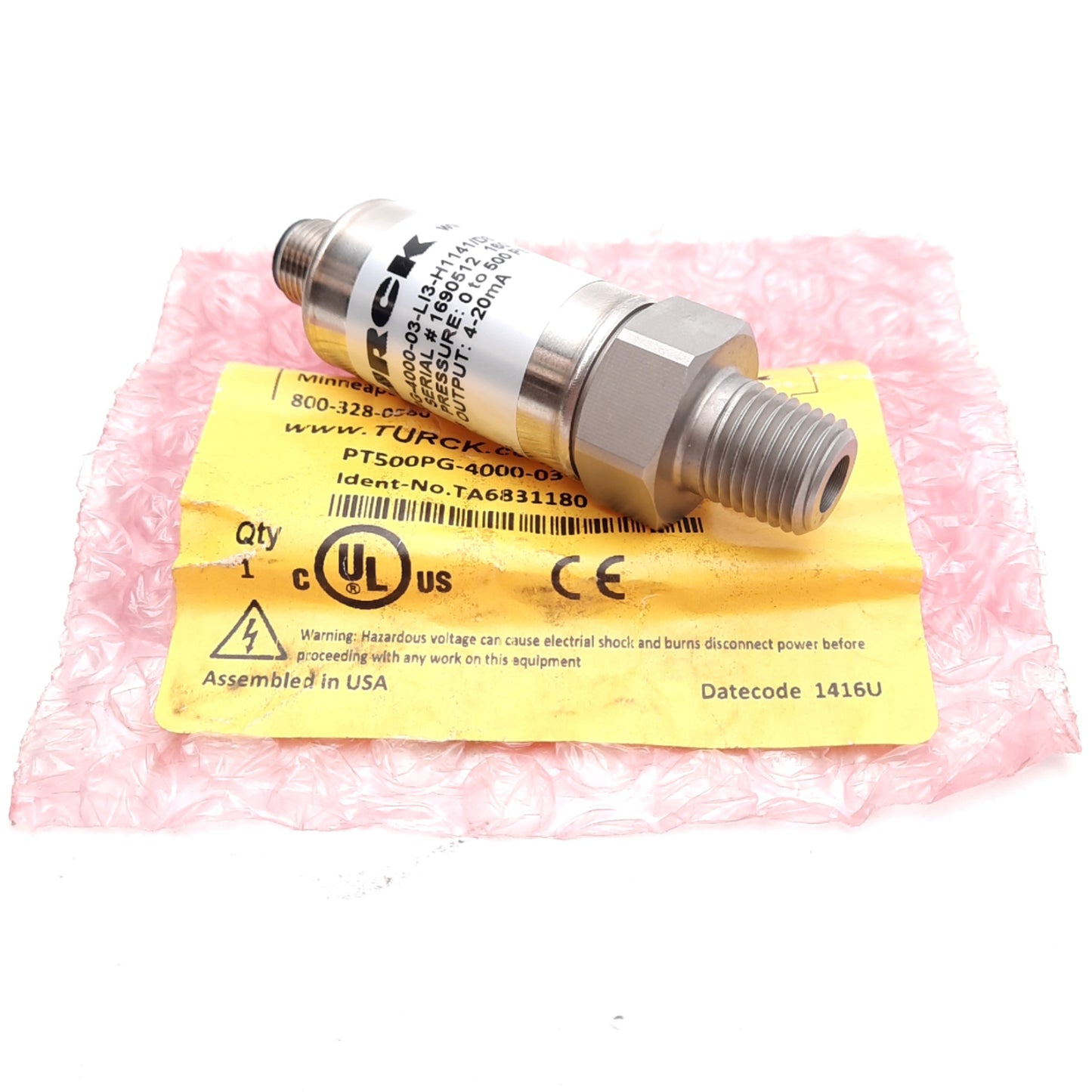 New Turck PT500PG-4000-03-LI3-H1141/D811 Pressure Sensor, 0-500PSI, 4-20mA Out, M12