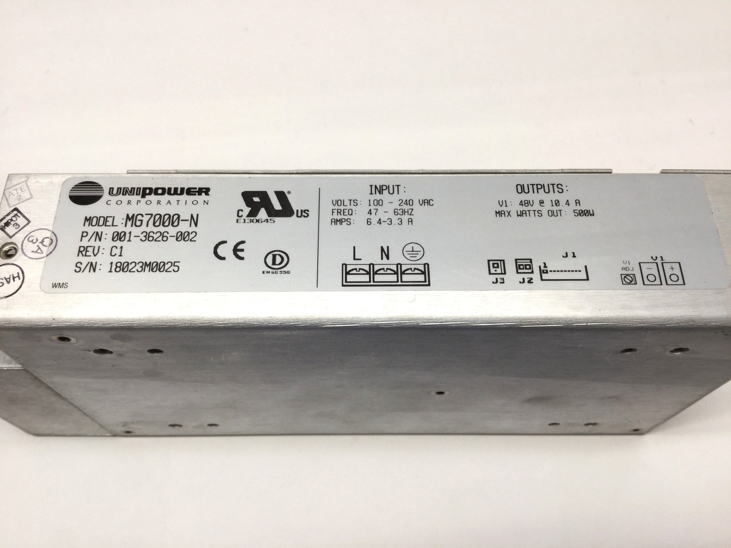 Used Unipower MG7000-N Power Supply 100-240VAC 6.4A In, 48VDC 10.4A Out 500W