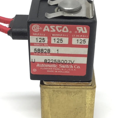 Used ASCO U8225B002V Solenoid Brass Valve 2-Way NC, 1/8" NPT, 24VDC, 125psi