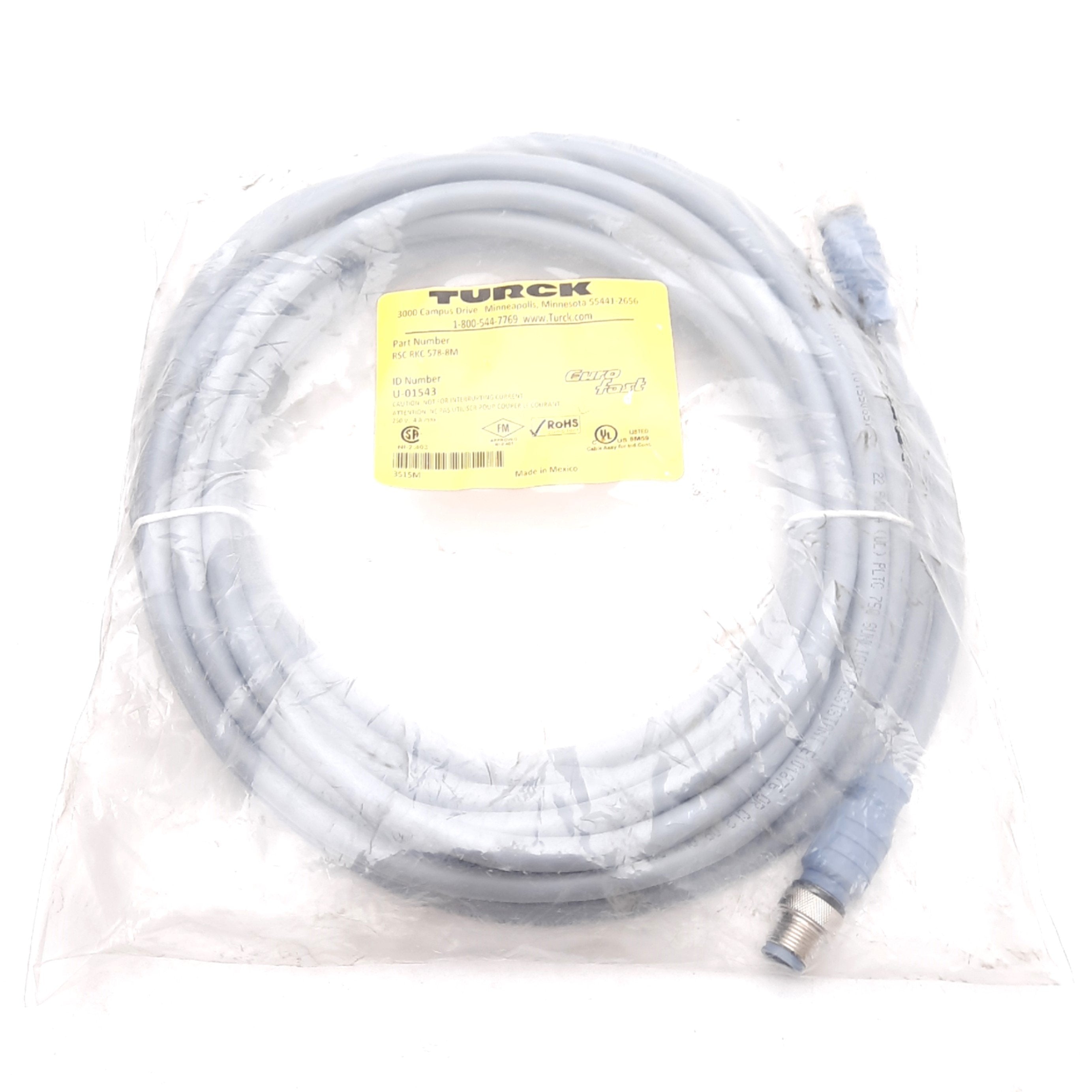 Turck RCS RKC 578-8M DeviceNet Extension Cordset, 250V 4A, M12 5-Pin E ...