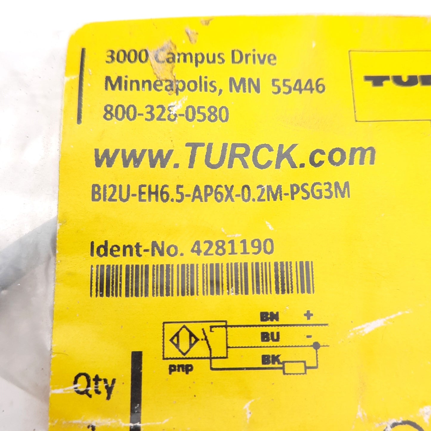 New Turck BI2U-EH6.5-AP6X-0.2M-PSG3M Inductive Proximity Sensor, 10-30VDC, M8 3-Pin