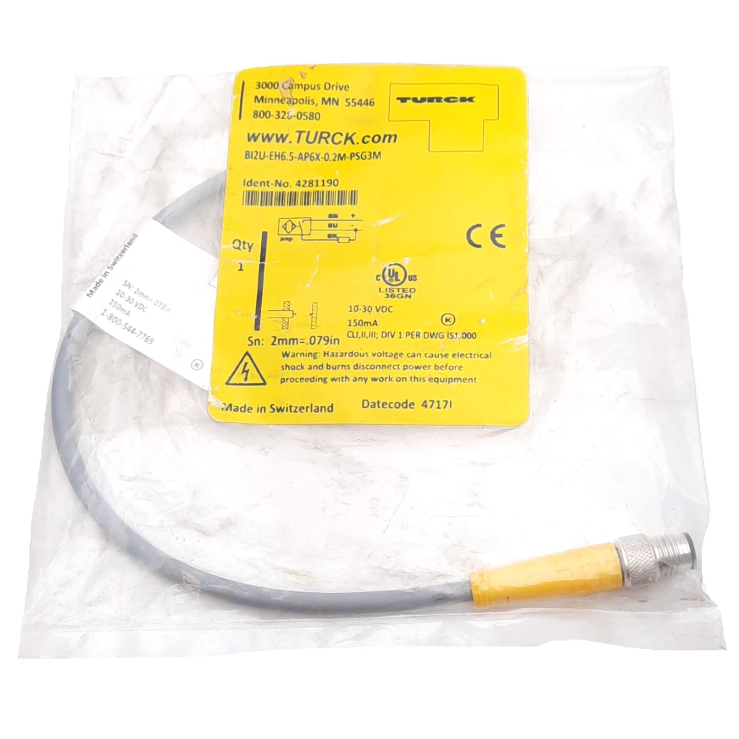 New Turck BI2U-EH6.5-AP6X-0.2M-PSG3M Inductive Proximity Sensor, 10-30VDC, M8 3-Pin