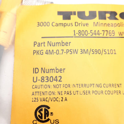 New Turck PKG 4M-0.7-PSW 3M/S90/S101 Cordset, 125VAC/DC 2A, M8 Picofast, 0.7m