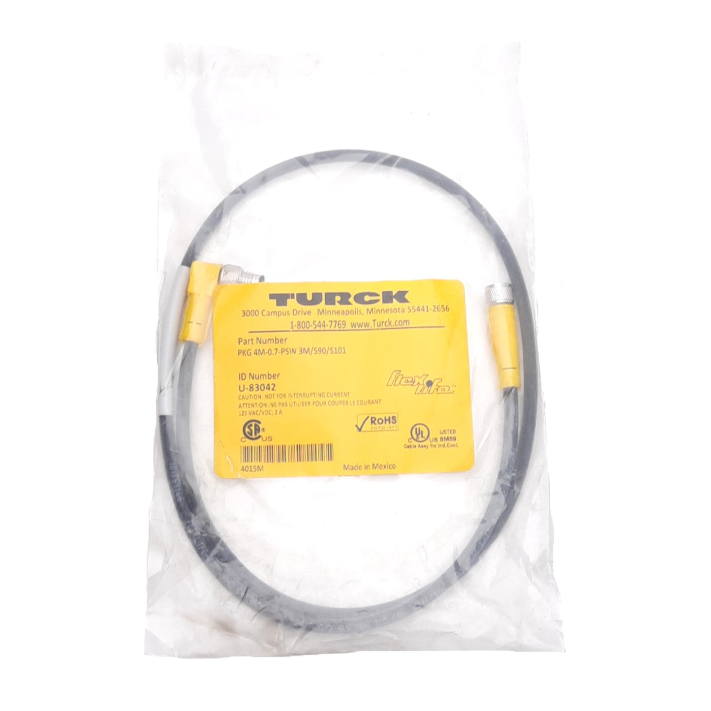 New Turck PKG 4M-0.7-PSW 3M/S90/S101 Cordset, 125VAC/DC 2A, M8 Picofast, 0.7m