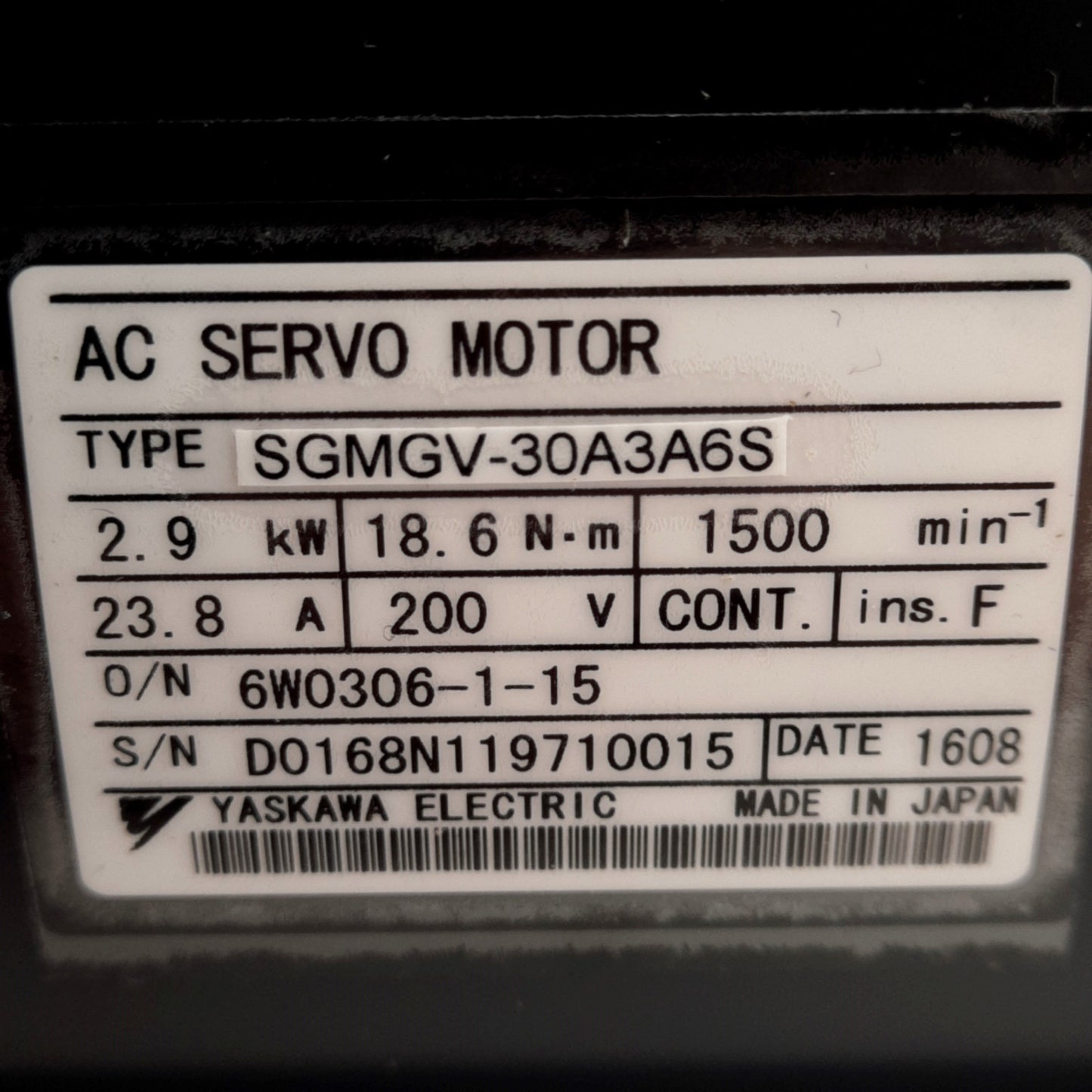 New – Open box Yaskawa SGMGV-30A3A6S Servo Motor, 20-Bit Absolute Encoder 200VAC 2.9kW 1500RPM