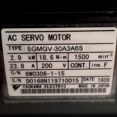 New – Open box Yaskawa SGMGV-30A3A6S Servo Motor, 20-Bit Absolute Encoder 200VAC 2.9kW 1500RPM