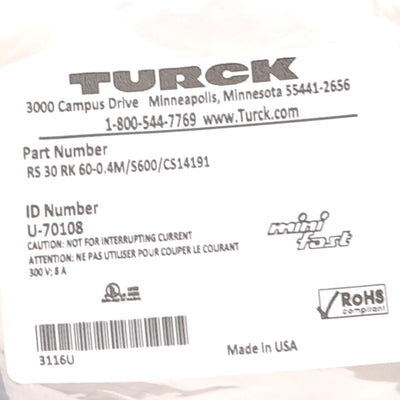 New Turck RS 30 RK 60-0.4M/S600/CS14191 Cordset, Minifast 3-Pin Male to 6-Pin Female