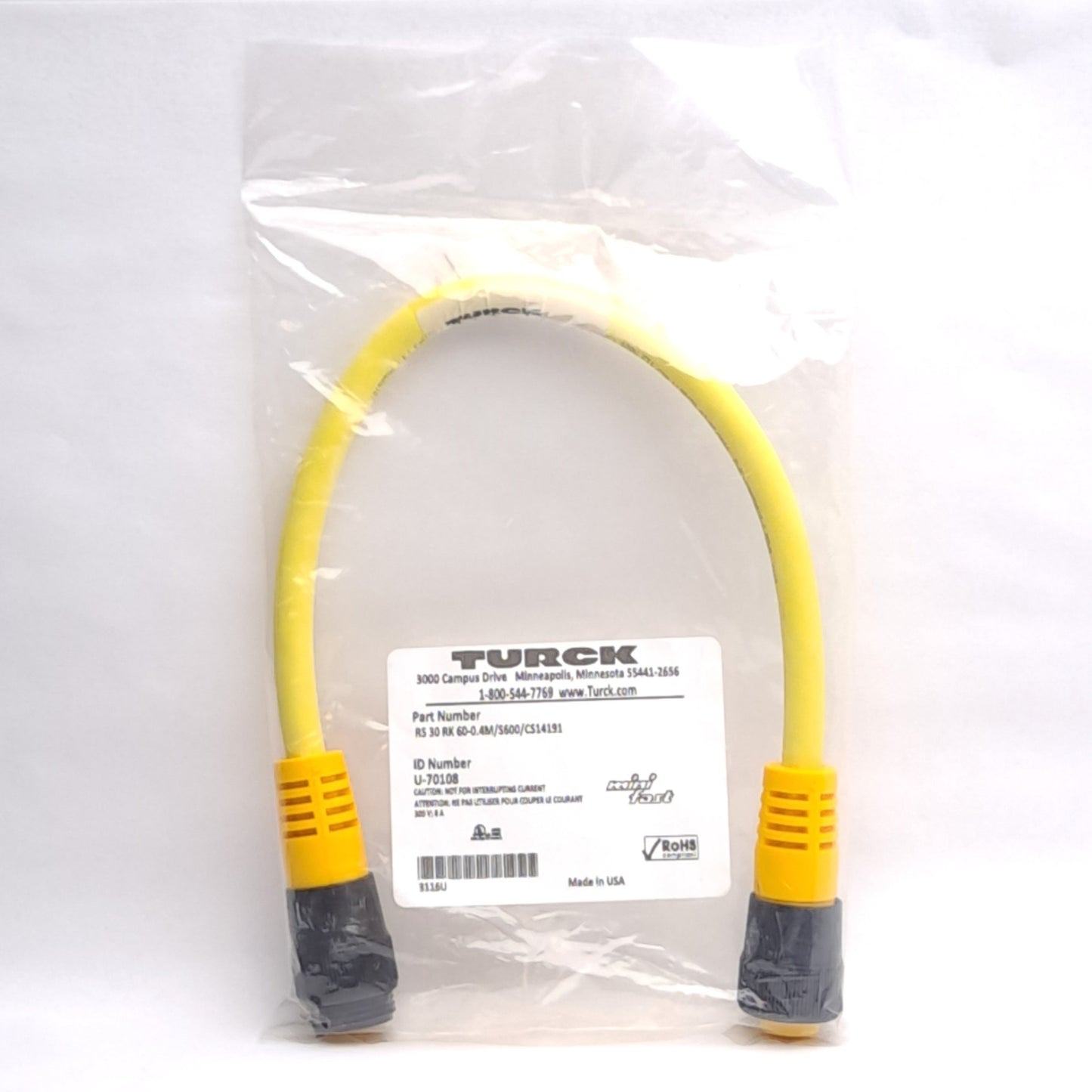 New Turck RS 30 RK 60-0.4M/S600/CS14191 Cordset, Minifast 3-Pin Male to 6-Pin Female