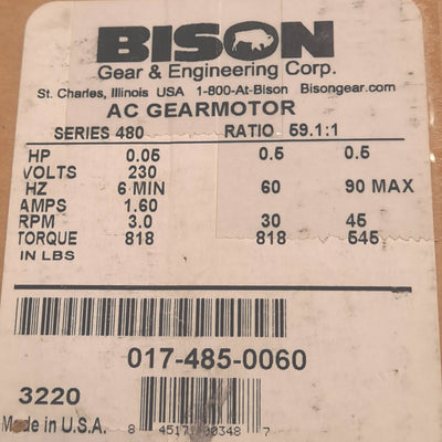 New Bison 017-485-0060 Gearmotor, 230VAC 3-Ph, 59.1:1 Ratio, 1/2 HP, 48 Frame