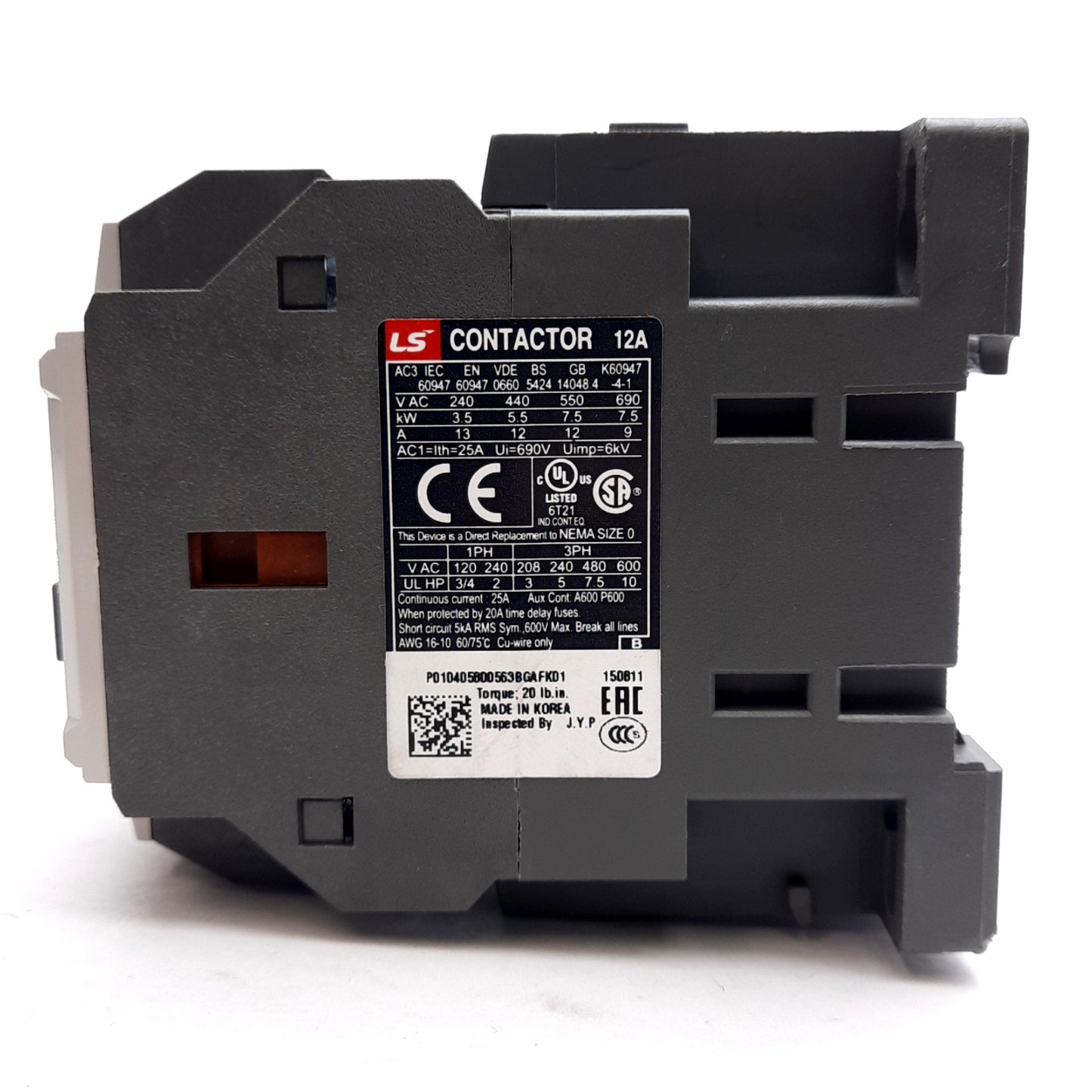 New LS Electric MC-12b-AC120V Contactor 600V, 3-Pole, 1NO+1NC, 120VAC Coil, DIN Rail