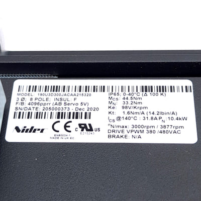 New Nidec 190U3D300JACAA215320 Servo Motor, 380/480VAC 3-Ph, 10.4kW, 33.2Nm Torque