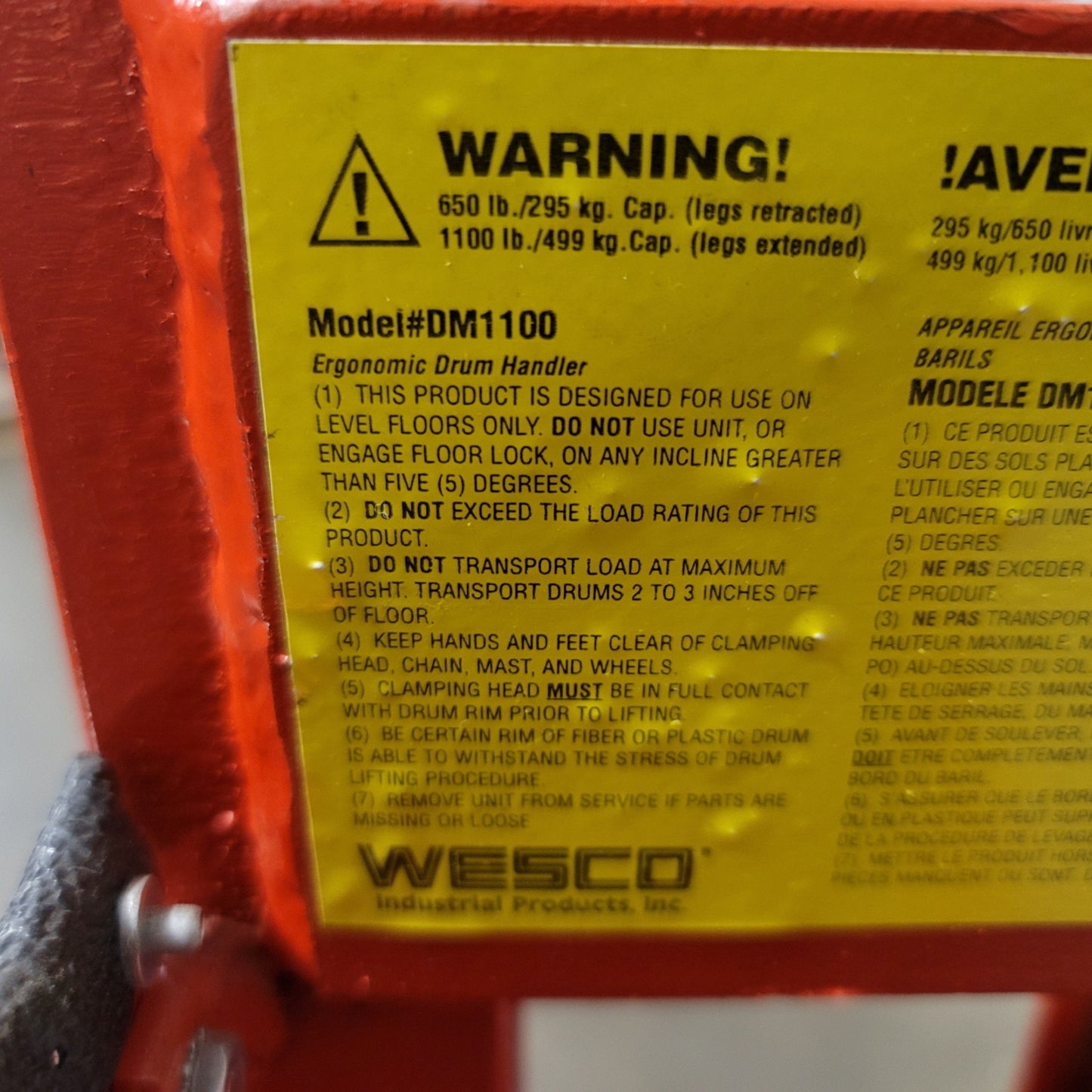 Used Wesco DM1100 240150 Gator Grip Ergonomic Drum Handler 1100lbs Capacity 19" Lift