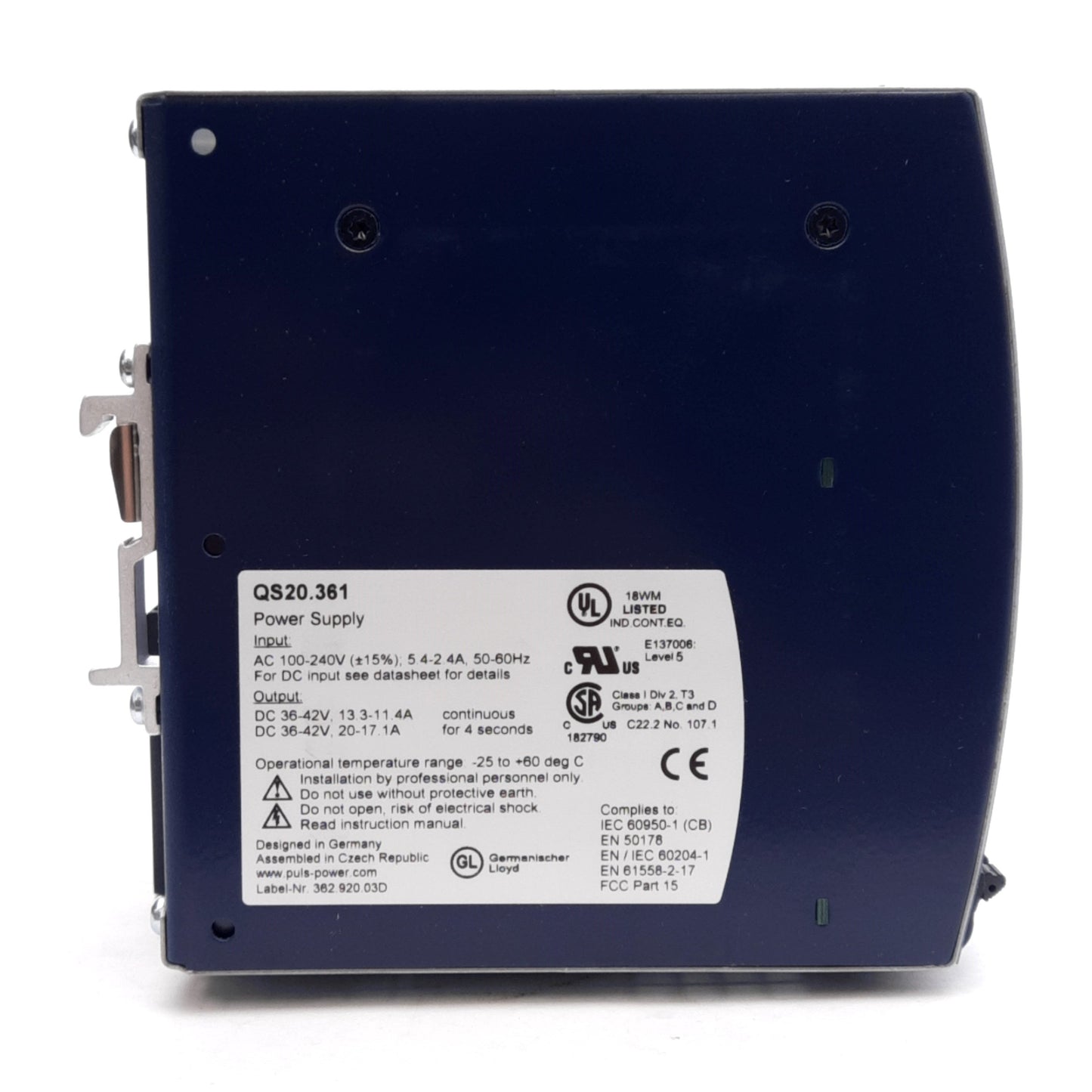New PULS QS20.361 Power Supply, 100-240VAC/110-150VDC IN, 36-42VDC OUT, DIN Rail