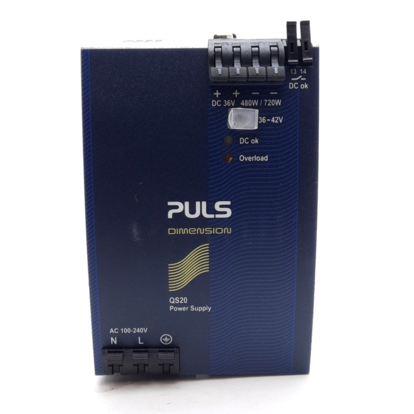 New PULS QS20.361 Power Supply, 100-240VAC/110-150VDC IN, 36-42VDC OUT, DIN Rail