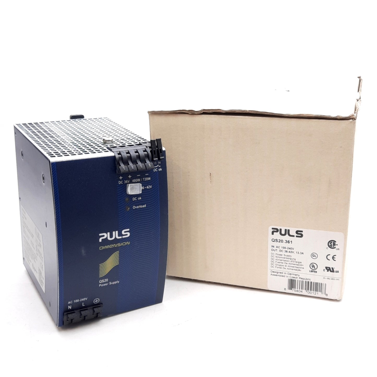New PULS QS20.361 Power Supply, 100-240VAC/110-150VDC IN, 36-42VDC OUT, DIN Rail