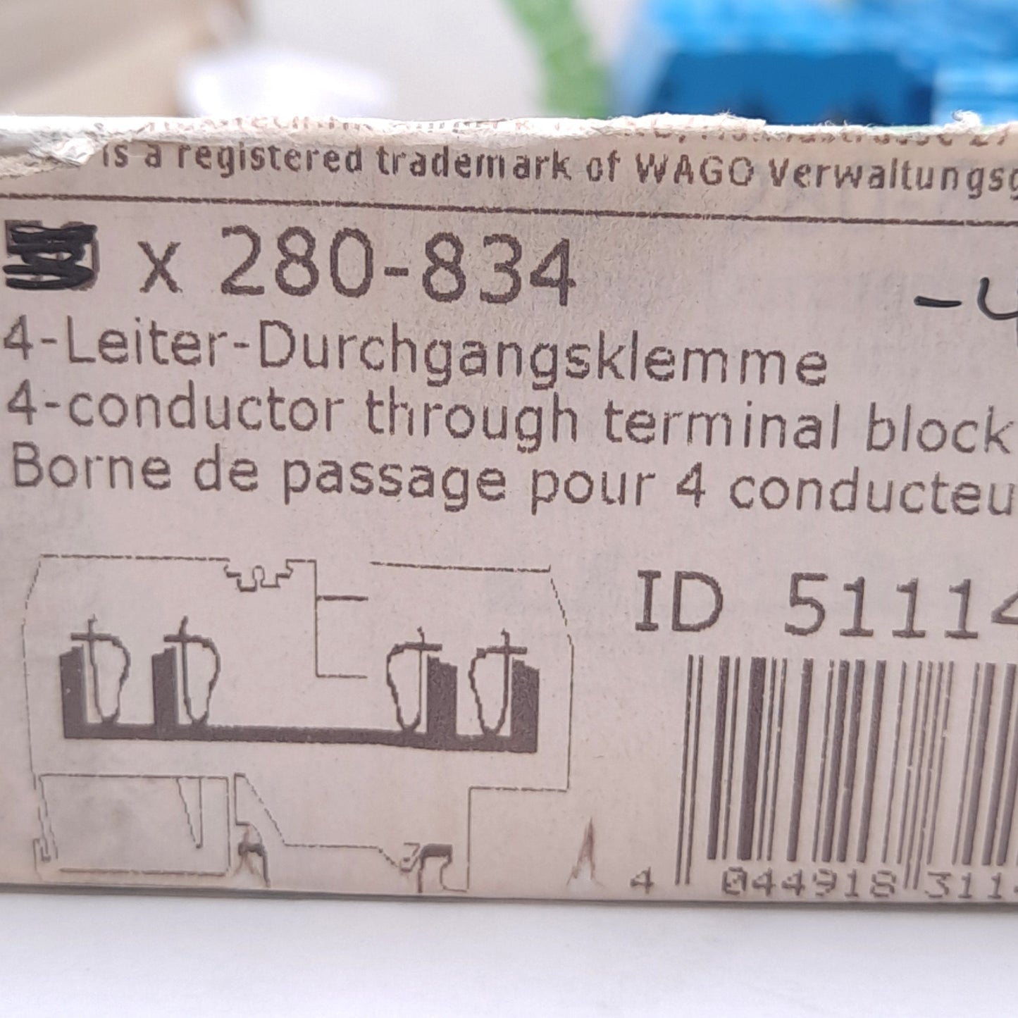 New – Open box Lot of 12 Wago 280-834 4-Conductor Terminal Block, 800V 20A, 1-Level,1-Potential