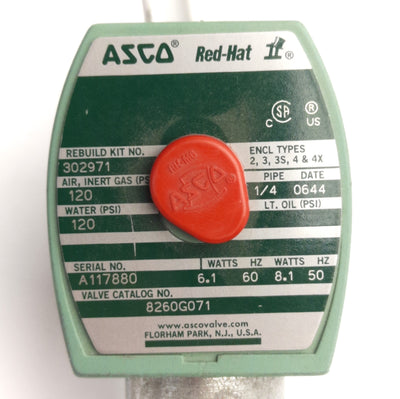 Used Asco 8260G071 Solenoid Valve 1/4" Jaco Tube Fitting, 120psi, 120/110VAC Coil
