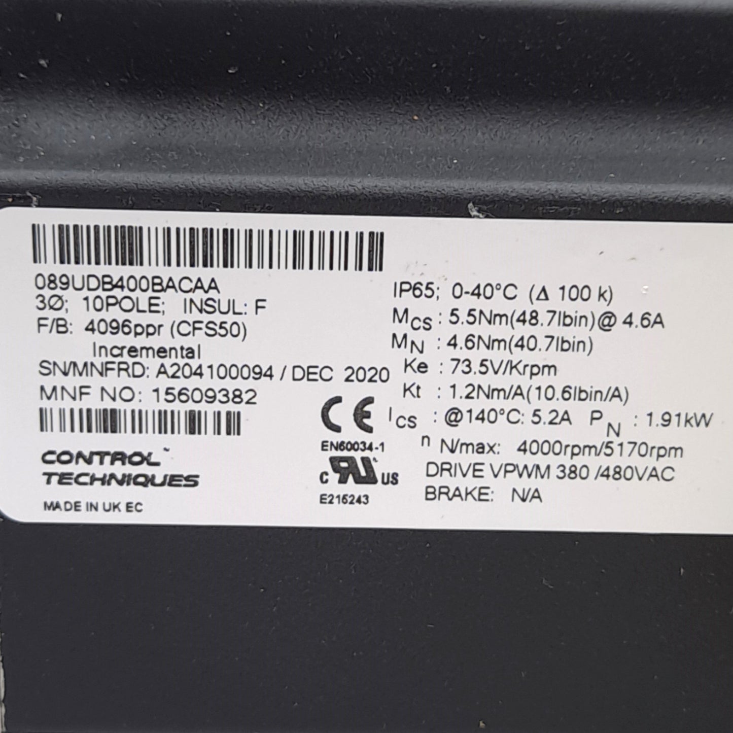 New Control Techniques 089UDB400BACAA Servo Motor, 3-Ph 400VAC, 89mm Frame, 4000RPM
