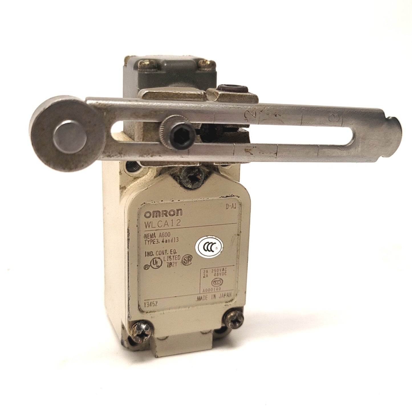 Used Omron WLCA12-N Adjustable Lever Roller Limit Switch, 2A @ 250VAC/48VDC