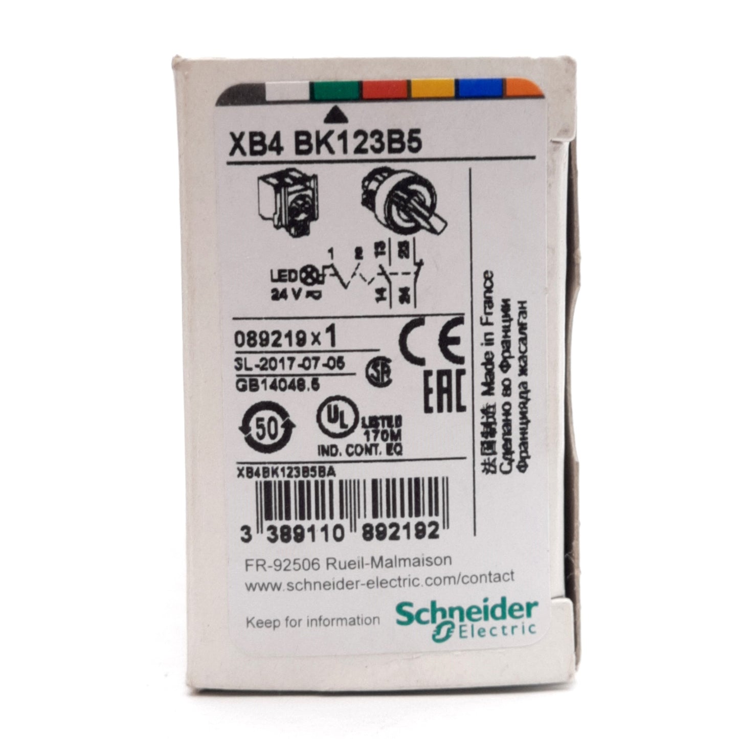 New Schneider XB4BK123B5 Illuminated Selector Switch ø22mm, 1NO+1NC, Green, 24VAC/DC