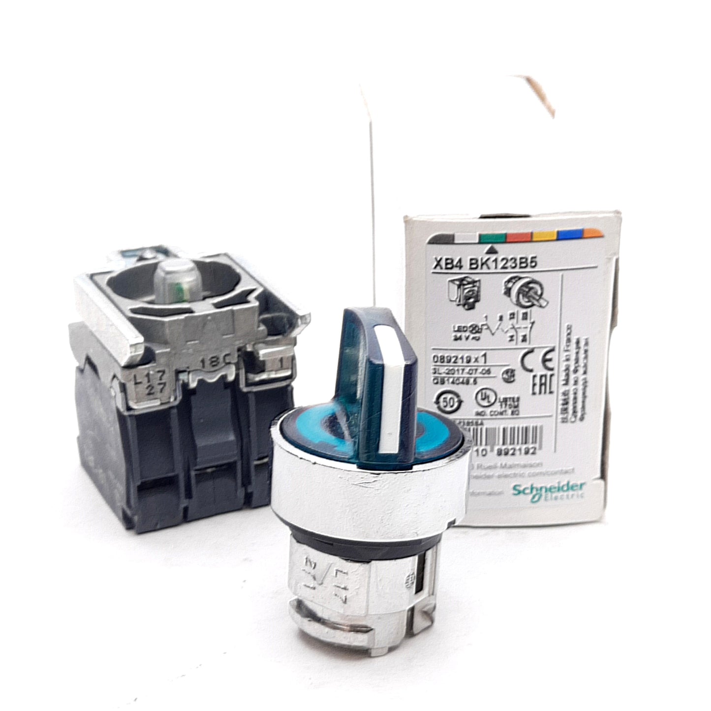 New Schneider XB4BK123B5 Illuminated Selector Switch ø22mm, 1NO+1NC, Green, 24VAC/DC
