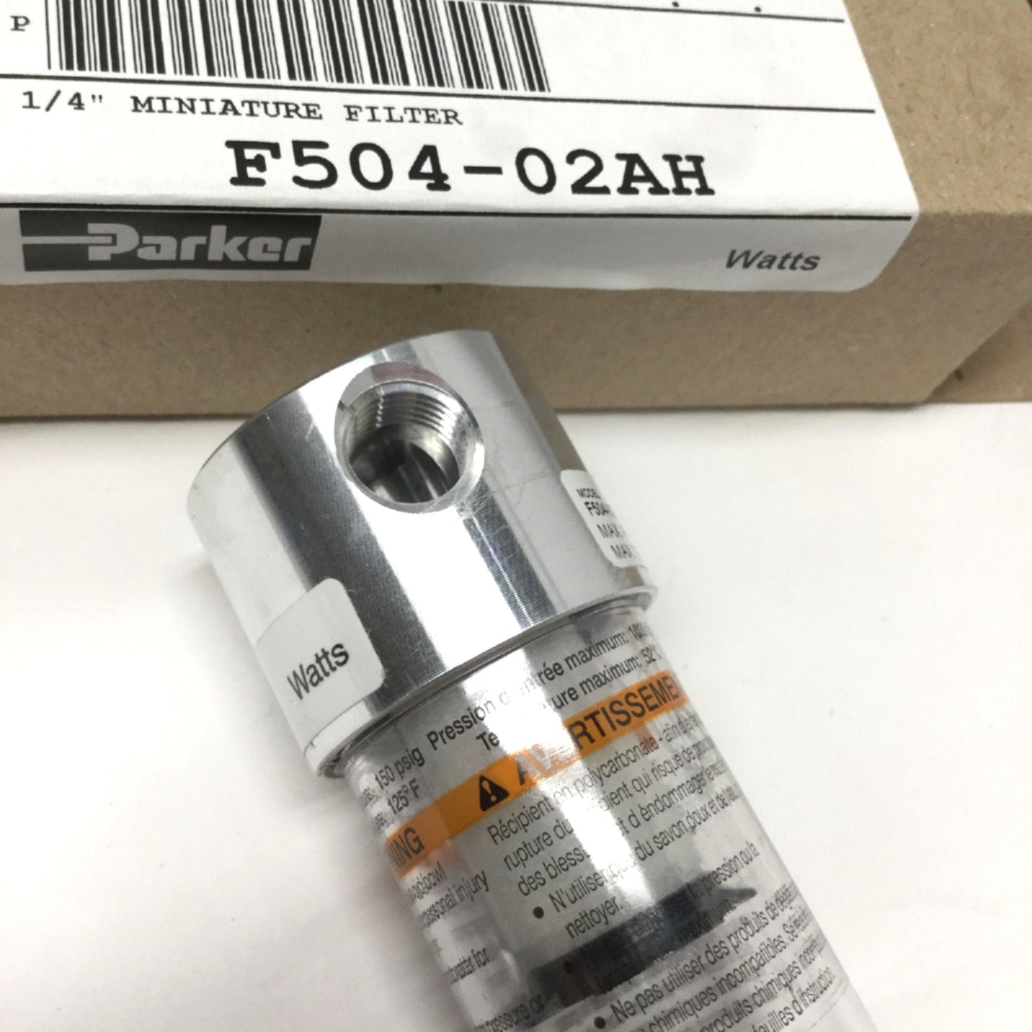 New Parker Watts F504-02AH Pneumatic Filter, 20 micron, 1/4" NPT, 150psi, 22 SCFM