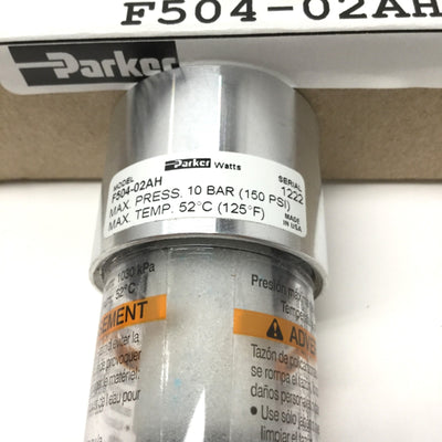 New Parker Watts F504-02AH Pneumatic Filter, 20 micron, 1/4" NPT, 150psi, 22 SCFM