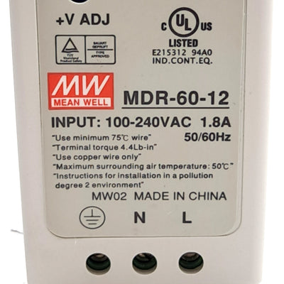 New Mean Well MDR-60-12 Power Supply, 100-240VAC 1.8A Input, 12VDC 5A Output