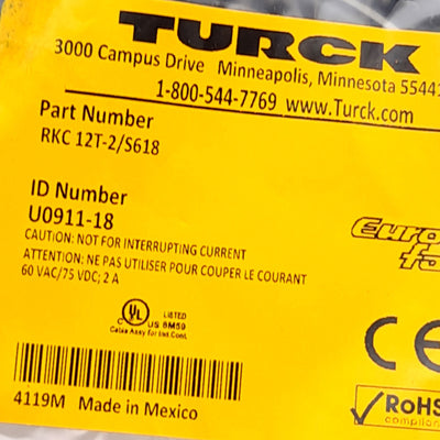New Turck RKC 12T-2/S618 Cordset, M12 12-Pin Eurofast to Flying Leads, 2m Long
