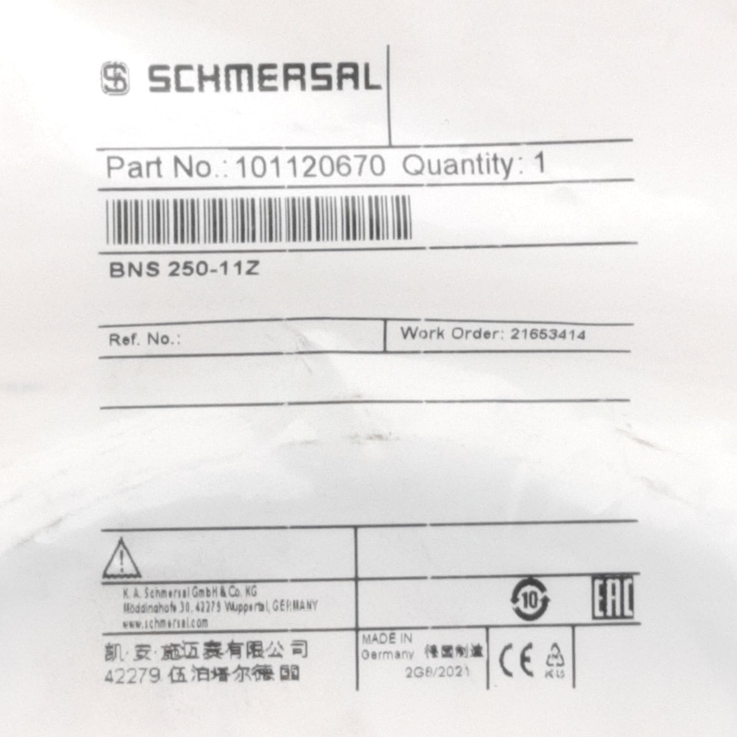 New Schmersal BNS 250-11Z Non Contact Safety Switch, 24VDC, 1NO+1NC, 4/14mm On/Off