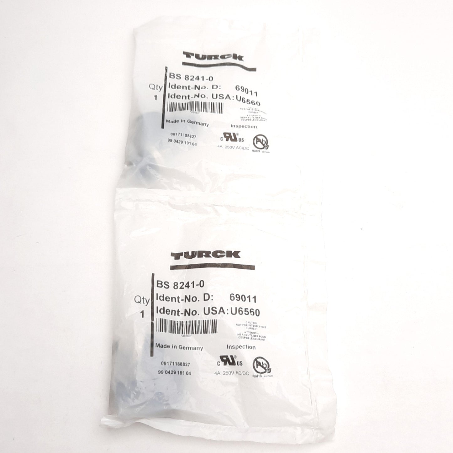 New Lot of 2 Turck BS8241-0 69011 Field Wireable Right Angle M12 4-Pin, 250V 4A