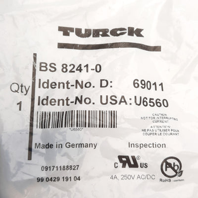 New Lot of 2 Turck BS8241-0 69011 Field Wireable Right Angle M12 4-Pin, 250V 4A