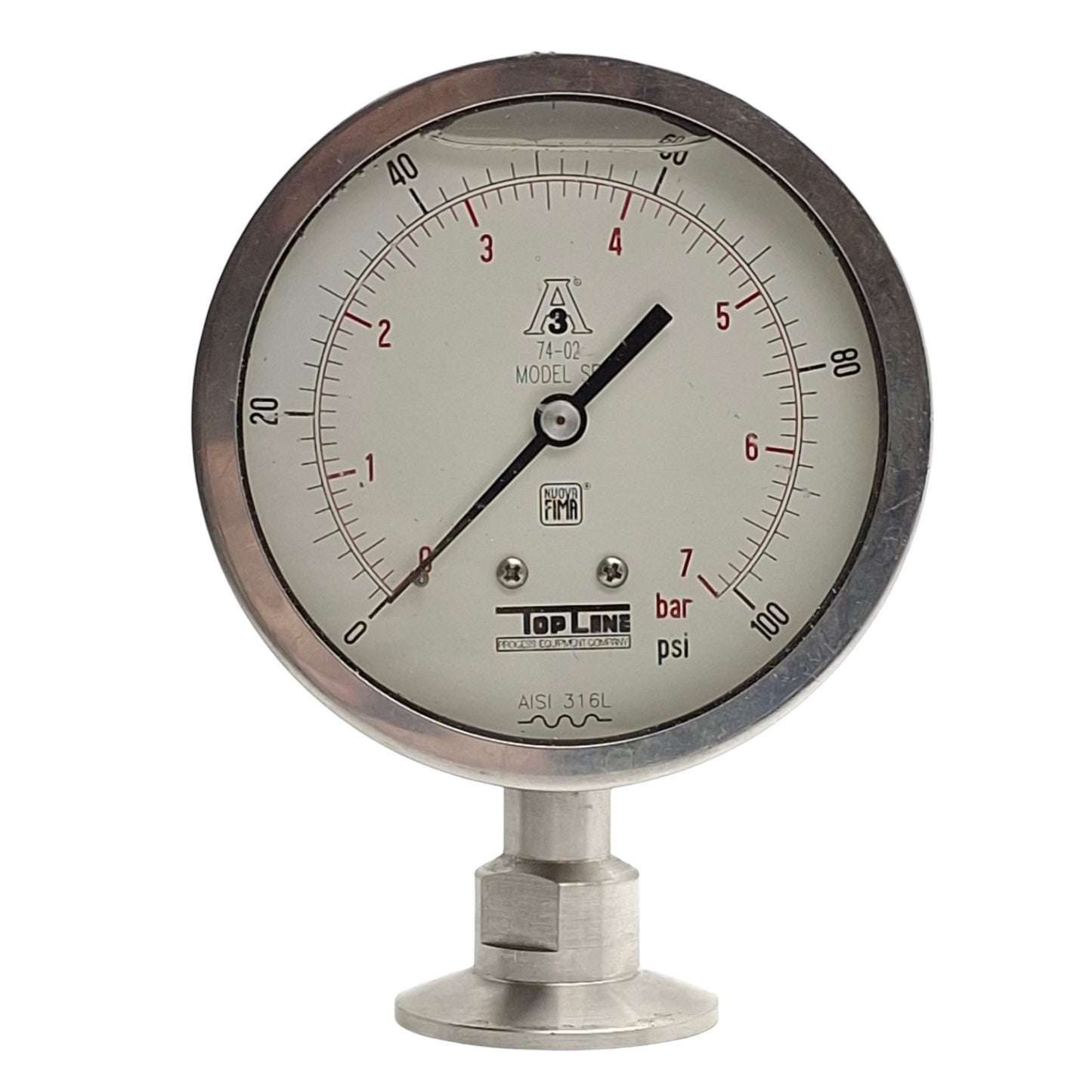 Used TopLine Model SP74-02 Filled Pressure Gauge, 0-100Psi/0-7bar, 2in Sanitary