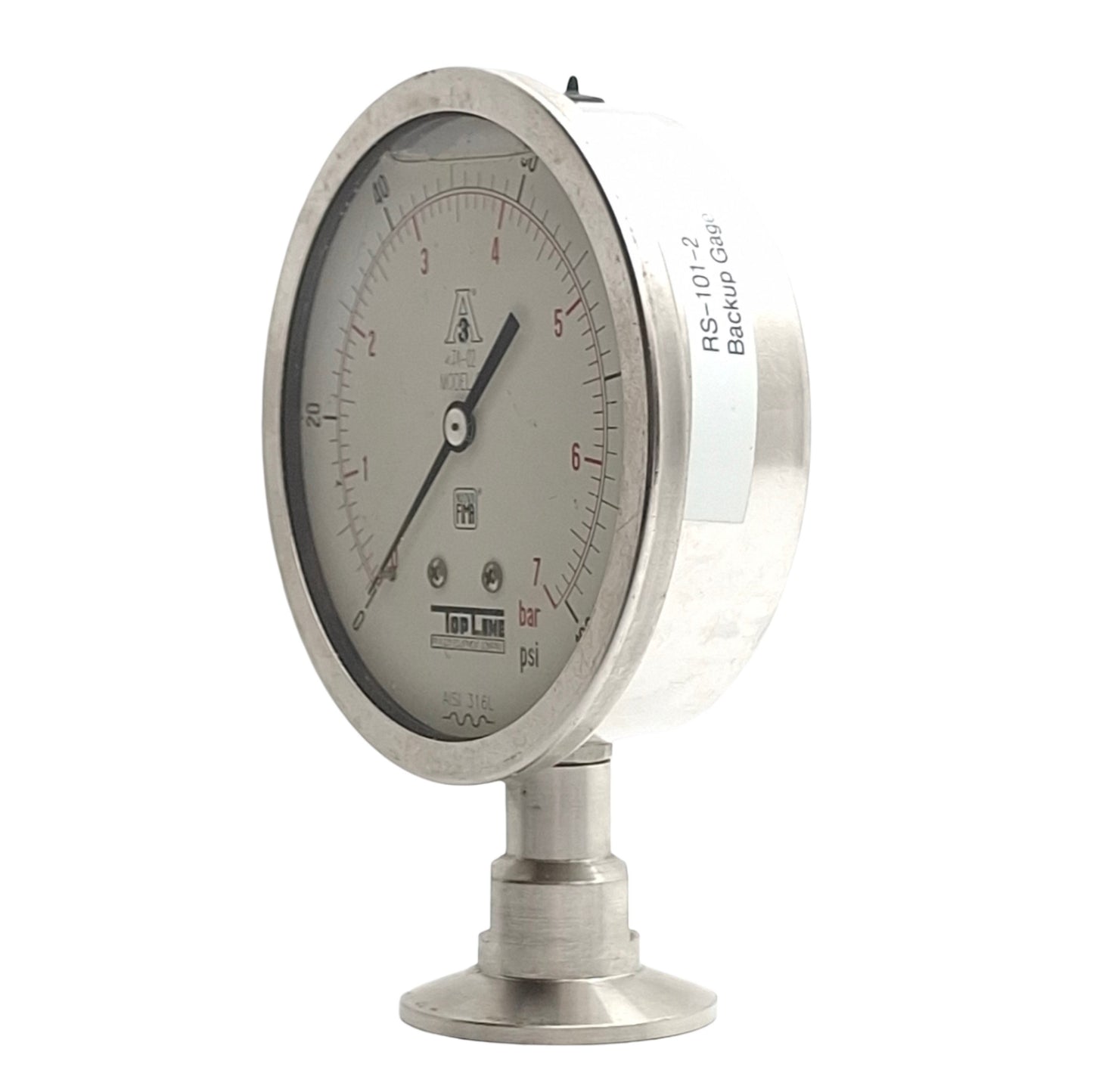 Used TopLine Model SP74-02 Filled Pressure Gauge, 0-100Psi/0-7bar, 2in Sanitary