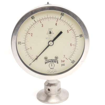 Used Winters Model SP685 Pressure Gauge, 0-100psi/0-7bar, 2in Tri-Clamp Sanitary