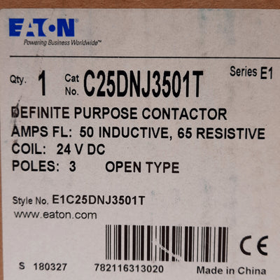 New Eaton C25DNJ3501T Contactor, 3-Pole, 50A, 1NC Aux, 15-50 A Frame, 24VDC Coil