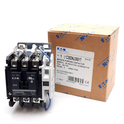 New Eaton C25DNJ3501T Contactor, 3-Pole, 50A, 1NC Aux, 15-50 A Frame, 24VDC Coil