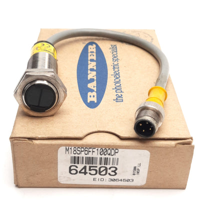 New Banner M18SP6FF100QDP Photoelectric Sensor, 100mm Range, 24VDC, PNP, M12 4-Pin