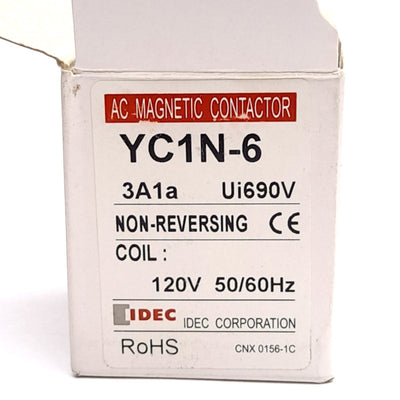 New IDEC YC1N-6A120 Mini Contactor, 120VAC Coil, 1x N.O. Auxiliary Contact