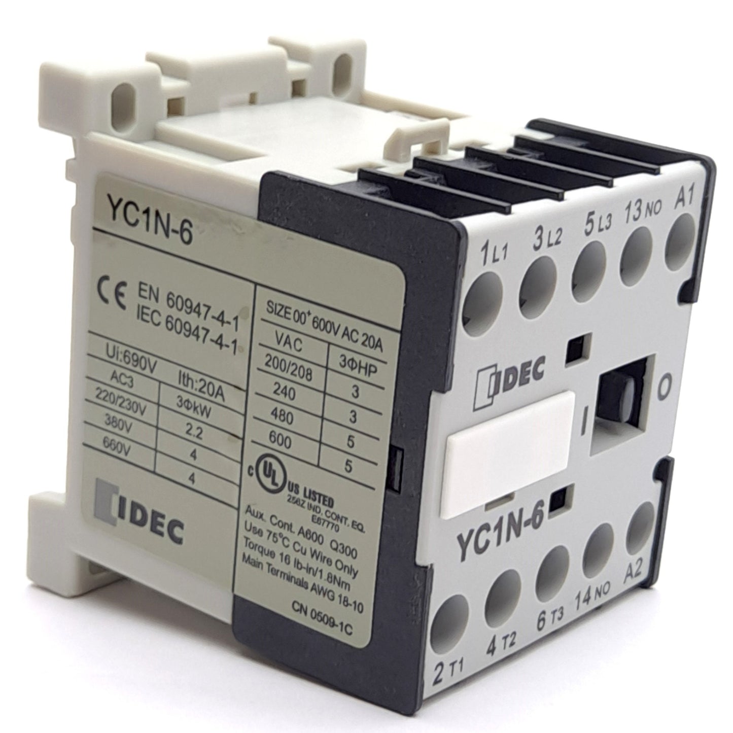 New IDEC YC1N-6A120 Mini Contactor, 120VAC Coil, 1x N.O. Auxiliary Contact