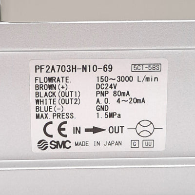 New SMC PF2A703H-N10-69 Digital Flow Switch, 150-3000l/min, 0.1-1.5MPa, 1in NPT