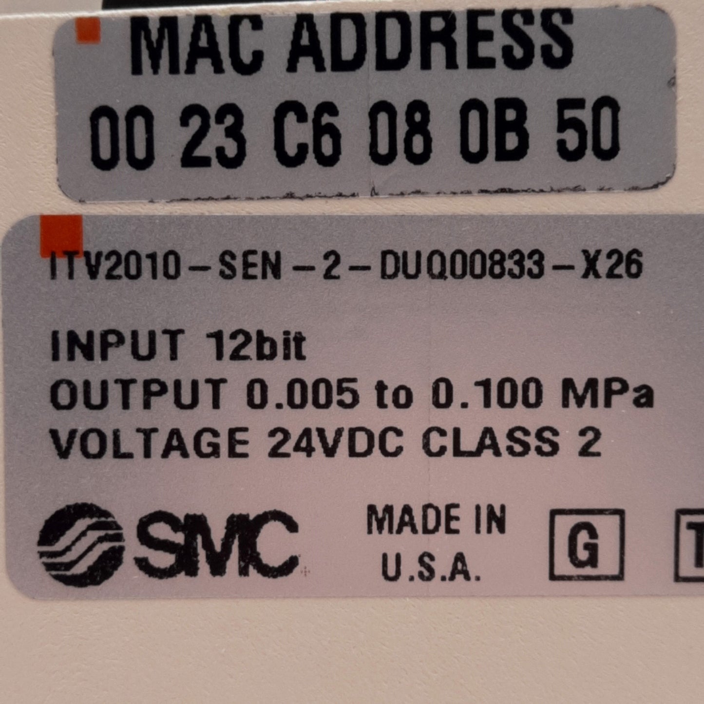 Used SMC ITV2010-SEN-2-DUQ00833-X26 Electro-Pneumatic Regulator, 0.7-14.5PSI, 24VDC