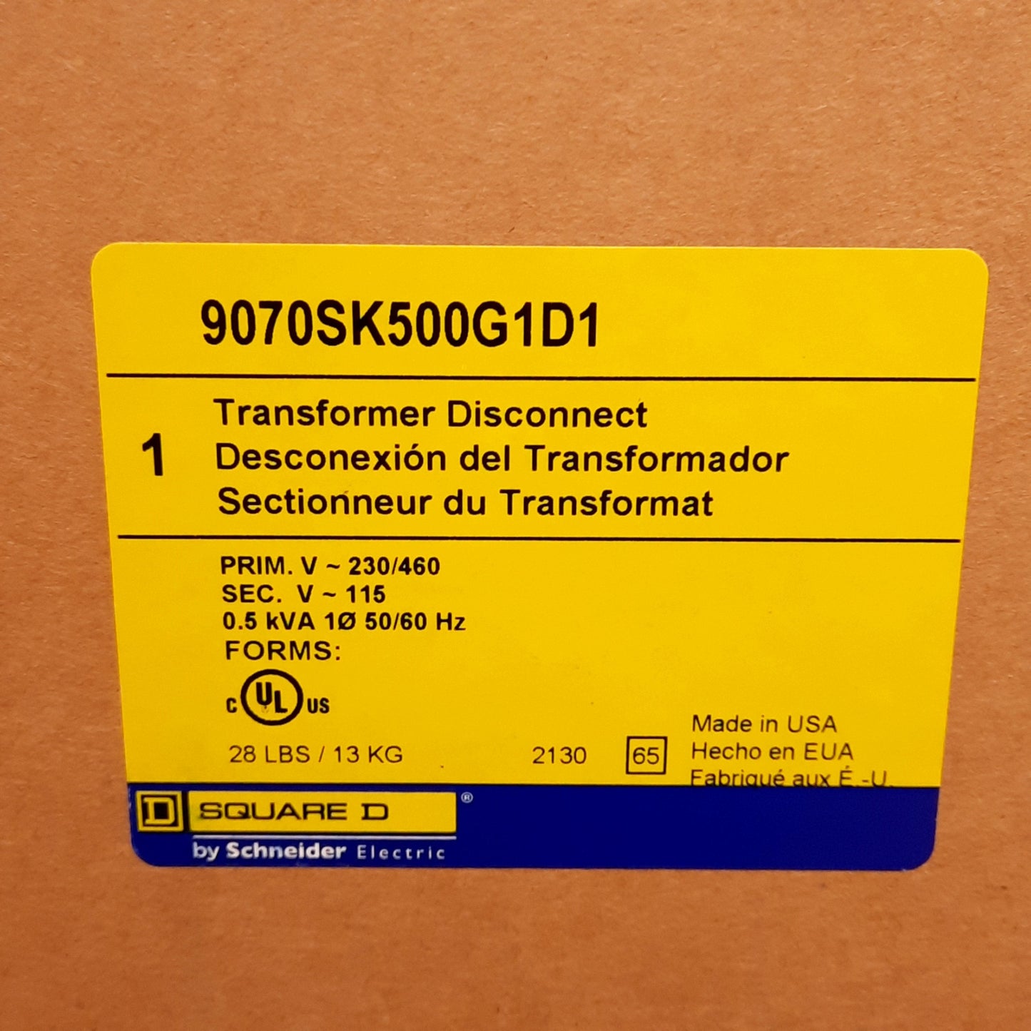 New Schneider Electric 9070SK500G1D1 Transformer Disconnect, 500VA, 230/460V, NEMA 1