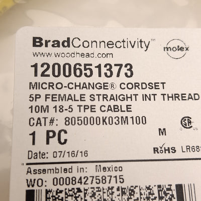 New Brad Connectivity 1200651373 Micro-Change Corset, 5-Pole, M12 Female, 10m Long